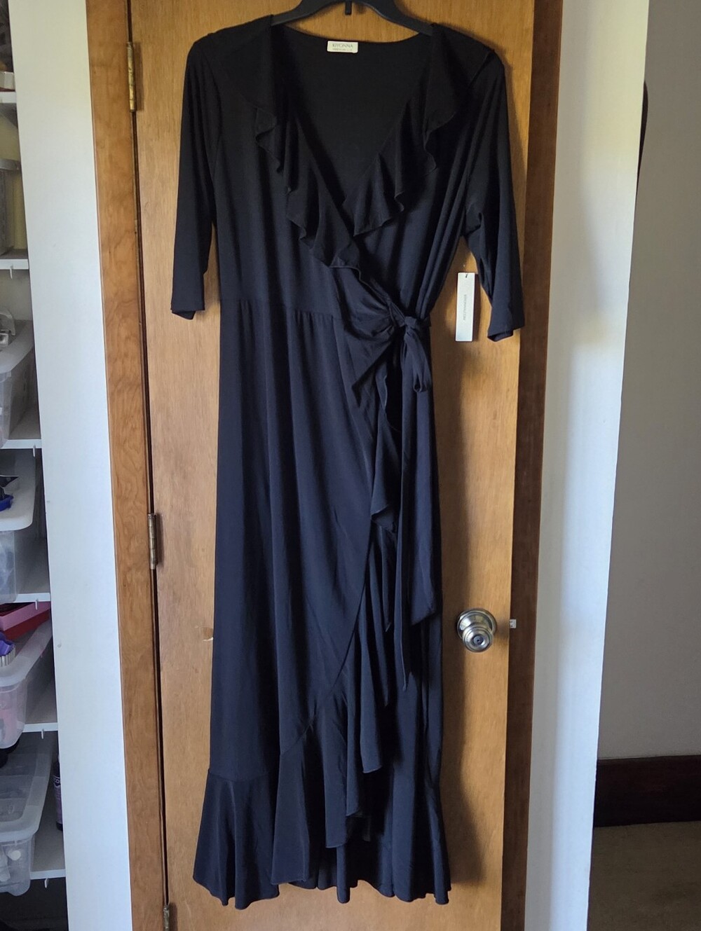 Kiyonna Maritime Maxi--Black Ruffle-Trim Wrap Dress